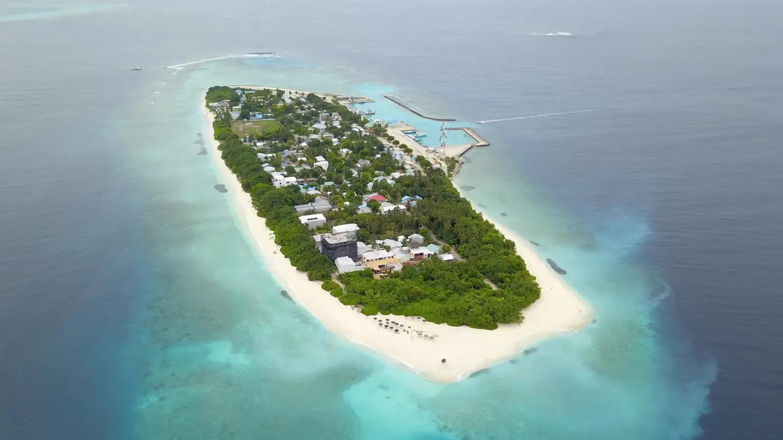 Aerial view of Ukulhas island and its house reef in the Maldives